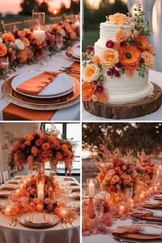 four different pictures with orange and pink flowers on them, including a white wedding cake