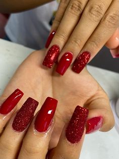 Red And Red Glitter Nails, Red Formal Nails Acrylic, Glitter Red Nail Designs, New Years Nails Red Glitter, Red Nails And Glitter, Red Nails With Red Glitter, Red Nail Designs Sparkly, Red And Glitter Acrylic Nails, Red Chrome And Glitter Nails