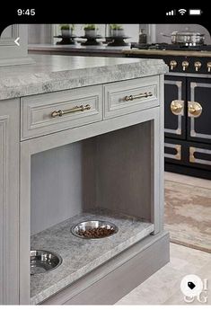 a kitchen with an island and two bowls on the bottom shelf in front of it