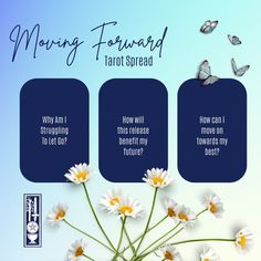 flowers and butterflies with the words moving forward tarot speed written below them in three different languages