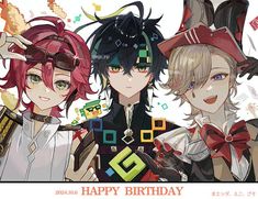 three anime characters wearing hats and bow ties with the words happy birthday written on them