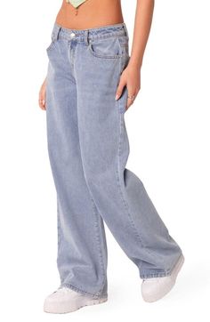 Find EDIKTED Raelynn Wide Leg Jeans on Editorialist. Low-slung, nonstretch jeans are crafted with puddling hems and turned to a dreamy shade of washed-out blue. 100% cotton Machine wash, line dry Imported Cute Womens Jeans, Loose Jeans Outfit Casual Women, Baggy Jeans Low Rise, Low Waisted Baggy Jeans, Edikted Jeans, Light Wash Baggy Jeans, Baggy Blue Jeans, Straight Legged Jeans, Bottoms For Women