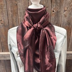 Our elegant wild rag/scarf in brown with rose pattern. A perfect square - measuring 42"x42". Adding that extra touch of a western style to your outfit. 100% soft silk feeling polyester is durable to keep you warm in the cold and fashionable for any occasion. Plus it's machine washable!  Additional accessories are available- (Please see our slide options on our site)  Leather slides Western concho slides Crystal concho slide  Buckle slides Wither Strap, Beaded Dog Collar, Bridle Bag, Designer Dog Collars, Western Buckles, Teal Flowers, Perfect Squares, Wild Rag, Dog Collars & Leashes