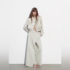 Zara Pareo Style Cropped Pants Nwt. Size Xxl Color Pearl Grey. Chic Long Sleeve Pantsuit With Pockets, Chic Wide Leg Spring Pantsuit, Chic Spring Pantsuit With High-waisted Pants, Casual High-waisted Spring Pantsuit, Spring Chic Pantsuit With High-waisted Pants, Chic High-waisted Spring Pantsuit, Zara Wide Leg Summer Pantsuit, Zara Spring Pantsuit Trousers, Zara Summer Wide Leg Pantsuit