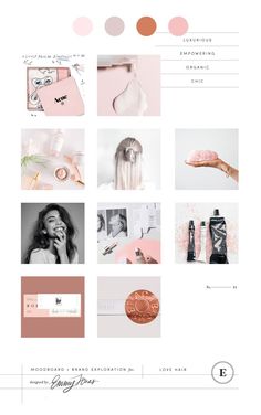 a page with pink and white images, including an image of a woman's face