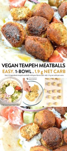 vegan tempeh meatballs are ready to be served in bowls and on plates