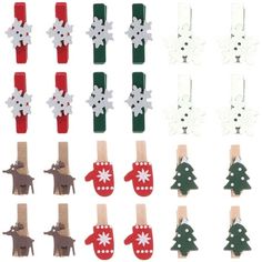 christmas tree, mittens and snowflakes are on clothes pins with clips attached to them