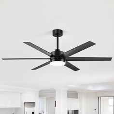 a black ceiling fan in a white room