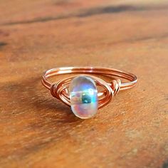 Holographic Glass Beaded Ring Copper Tarnish Resistant Wire Wrapped Glass Bead Ring Size 9.5 1 Piece Handmade Offers Welcome Wire Wrap Ring, Ring Wire, Beaded Ring, Wire Ring, Wrap Ring, Wire Wrapped Rings, Wire Bracelet, Women Artisans, Beaded Rings