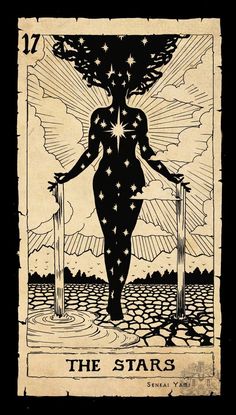 the star tarot card with an image of a woman holding two poles in her hands