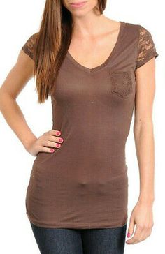 Brown Lace insert v-neck stretchy S/S fitted V2K basic 1 pocket t-shirt top | eBay Casual Cotton Top, Y2k T Shirt, Hip Style, Lace Tshirt, Lace Tee, Stretchy Tops, Fitted Tee, Plain Tops, Native American Fashion