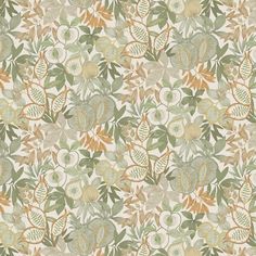 an image of a wallpaper with leaves and flowers on the background in shades of green, orange, yellow and beige