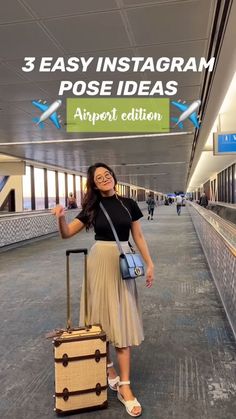 Instagram Poses Ideas Airport Look Photography, Travel Photography Ideas Airport, Cute Airport Aesthetic, Pose At Airport, Airport Pose Ideas, How To Pose On Vacation, Pose For Vacation Photos, Airport Post Ideas, Trip Pics Ideas