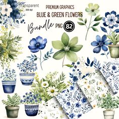 blue and green flowers clipart bundle for photoshopped by transparent graphics