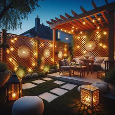 an outdoor patio is lit up with string lights