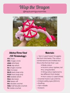 a pink and white crocheted dragon is shown with instructions for how to make it