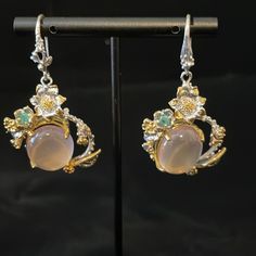 Silver And Rose Quarts Earrings, Emerald And Gold Accents Large Dangle. Exquisite Silver Dangle Jewelry, Silver Plated Dangle Crystal Earrings, Silver Plated Sterling Silver Crystal Earrings, Sterling Silver Plated Crystal Earrings, Silver Single Elegant Flower Earring, Rose Gold Sterling Silver Drop Earrings, Exquisite Sterling Silver Dangle Earrings, Silver Plated Drop Crystal Earrings, Sterling Silver Crystal Drop Earrings With Plating