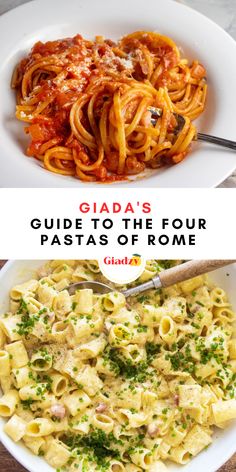 two plates of pasta with the words gladia's guide to the four pastas of rome