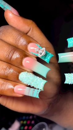 Cyan Blue Nails Design, Turquoise Birthday Nails, Nail Ideas For Prom Blue, Prom Nails Turquoise, Mint Acrylic Nails Design, Teal Birthday Nails, Aqua Color Nails, Hard Nails Designs, Nail Ideas Acrylic Long