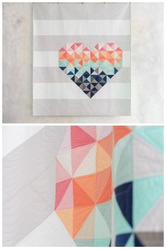 three different quilts that have been made with the same colors and shapes as they appear on