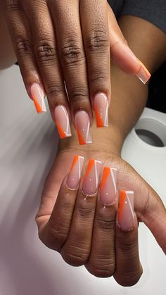 Cute Nail Ideas Orange, Square Nail Designs Orange, Half Glitter Nails Acrylic, Gel Nails Ideas Orange, Simple Bling Acrylic Nails, Nail Designs With Orange, Tapered Square Nails Birthday, Coffin Acrylic Nails Orange, Orange Coffin Nail Ideas