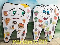 two tooth shaped magnets with different foods on them and the words marlam's diy