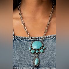 Large Turquoise Stone Encased In A Studded Silver Frame. New, Fast Shipping. Nickel-free Turquoise Jewelry For Parties, Blue Turquoise Metal Necklace, Paparazzi Jewelry, Silver Frame, Necklace Earrings, Turquoise Stone, Womens Jewelry Necklace, Turquoise Necklace, Color Blue