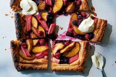 a pie with fruit and whipped cream on top is cut into eight pieces to be eaten