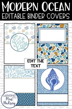 modern ocean printable binder covers with blue and orange designs on them, including an image