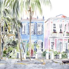 a watercolor painting of some buildings and palm trees in front of the building with blue shutters