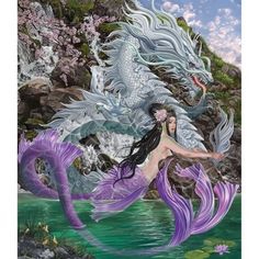 a painting of a mermaid and a dragon in the water