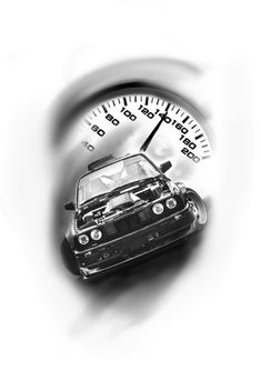 a black and white photo of a car in front of a speedometer