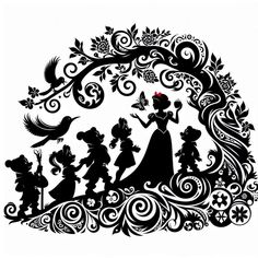 the silhouettes of disney characters are shown in this black and white illustration