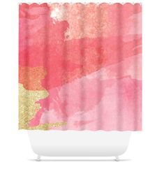 a shower curtain with pink and gold paint on the outside, in front of a white background