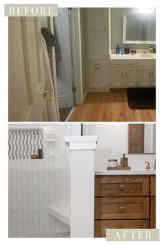 Before and after photo of primary bathroom with two vanities and a frameless, walk in shower