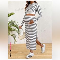 Two Piece Set. New With Tags. Long Sleeve Crop Top And Pencil Skirt For Maternity. Box A9 Crop Top And Pencil Skirt, Maternity Two Piece, Shein Maternity, Dresses Shein, Shein Dress, Long Sleeve Striped Top, Maternity Top, Shein Dresses, Long Sleeve Crop