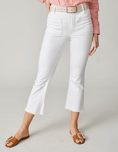 Juliette High Rise Jean Pearl White Chic Flare Jeans With Pockets, Mid-rise Cropped Jeans With Patch Pockets For Fall, White Jeans With Patch Pockets, Stretch Mid-rise Jeans With Patch Pockets, Fall Mid-rise Cropped Jeans With Patch Pockets, Stretch Straight Leg Jeans With Patch Pockets, White Flare Jeans With Frayed Hem, Chic Mid-rise Jeans With Patch Pockets, Spring Flared Cropped Jeans With Pockets