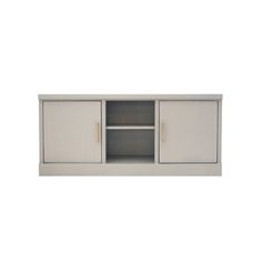 a white cabinet with two doors and one shelf on the bottom, against a white background