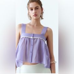 Size M. Nwt Limited Edition. So Pretty!! Combination Knit Top Semi Sheer Lavender Knit Mesh Wide Straps Cropped Length Babydoll Cut Embroidered Accents Comes With An Extra Button Zara Limited Edition, Knit Wrap Dress, Knit Mesh, Tie Dye Crop Top, Bohemian Tops, Dolman Sleeve Tops, Purple Shirt, Sleeveless Crop Top, Lace Crop Tops