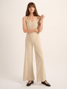 Sensual jumpsuit with simple spaghetti style straps and a kick-flare. The soft pull of the ruched-in waist accentuates the silhouette, highlighting the wide leg. | Suzie Kondi Elma Flare Jumpsuit in Velour | Oatmeal Heather | Women's X-Small Suzie Kondi, Simple Spaghetti, Flare Jumpsuit, Kick Flares, Zambia, Vanuatu, Equatorial Guinea, Seychelles, Turks And Caicos Islands