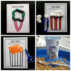 four different pictures with some food and paper crafts on them, including carrots, cotton candy