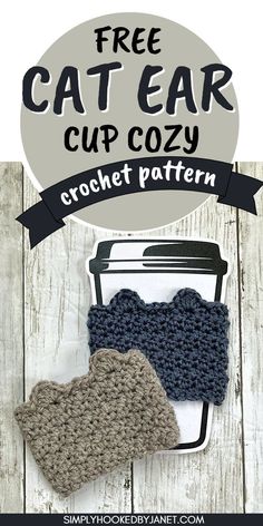 two crocheted mitts and a cup cozy are sitting next to each other