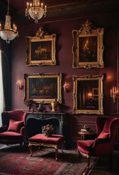 a living room filled with red furniture and paintings on the wall above it's fireplace