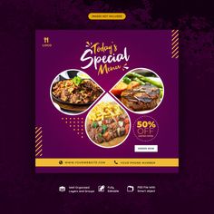 a purple and yellow flyer for a special dinner with different foods on the plate, including meat