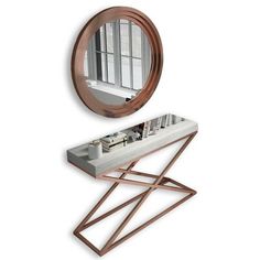 a table with a mirror on it next to a wall mounted shelf and a window