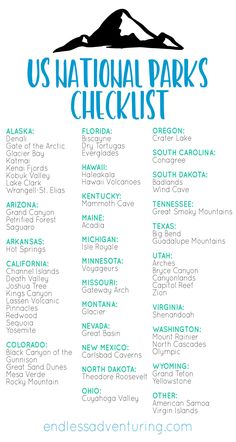 the us national parks checklist is shown in blue and white with mountains on it