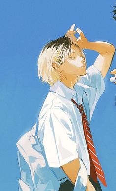 a man with blonde hair wearing a white shirt and red tie standing in front of a blue sky