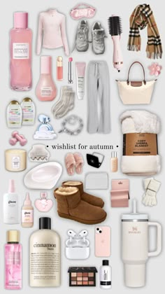 the contents of a woman's purse are arranged on a white background with text that reads wishlist for autumn