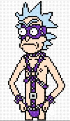 an image of a pixel art character with his hands on his hips, wearing purple and black