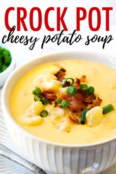 a bowl of crock pot cheese potato soup with bacon and green onions in it